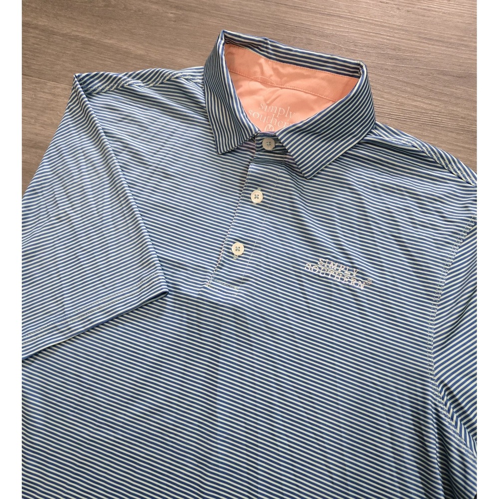 Simply Southern Polo Shirt Men Medium Teal Blue Striped Performance Stretch Golf